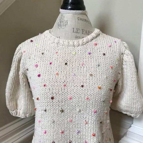 NWT Vero Alfie Sidra Sweater Womens Medium Cream Beaded Crew Neck Anthropologie - Picture 3 of 11